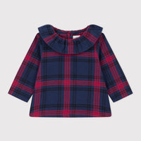 baby navy red ls check blouse