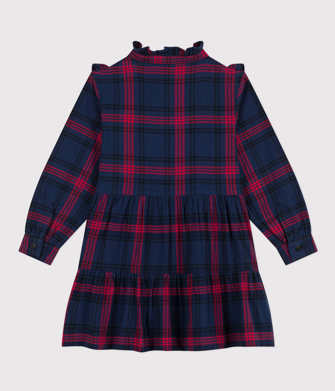 girls navy red ls check ruffle dress