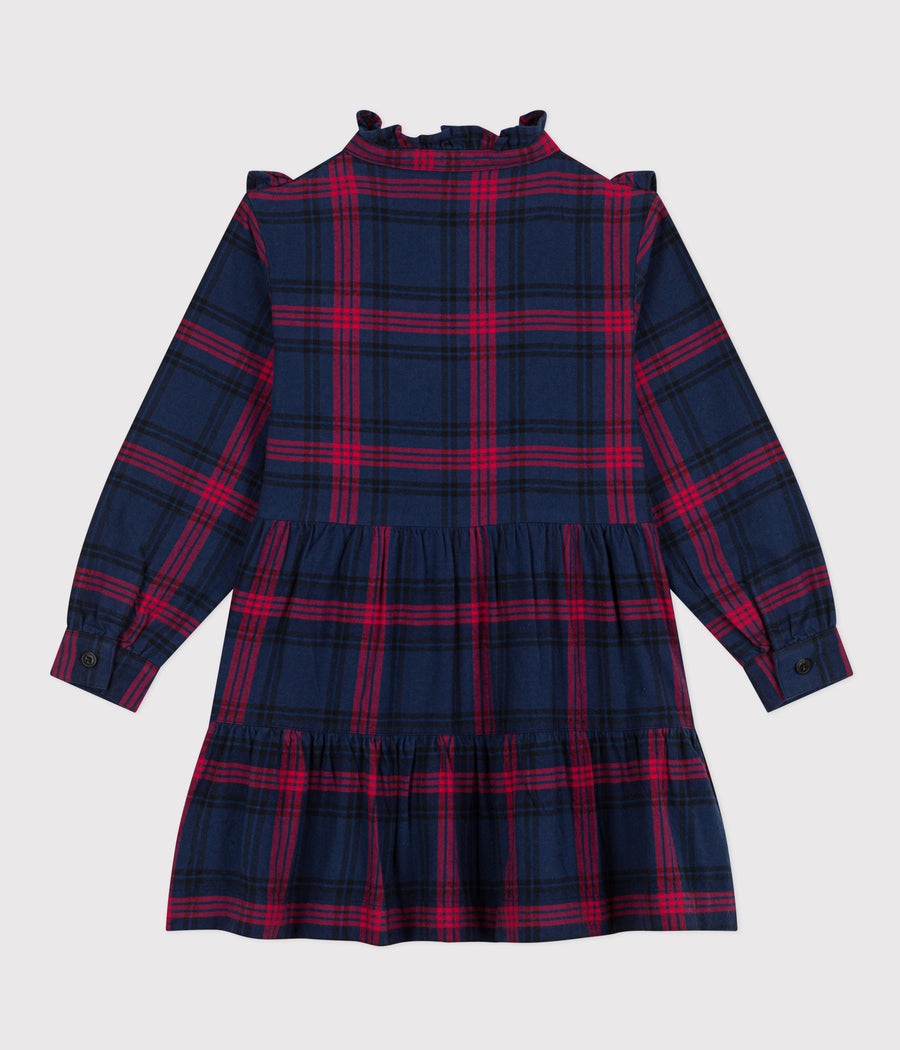 girls navy red ls check ruffle dress