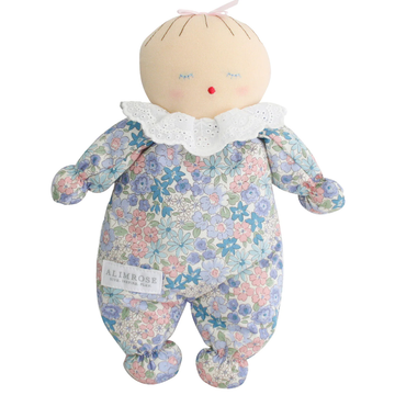blue floral asleep awake doll