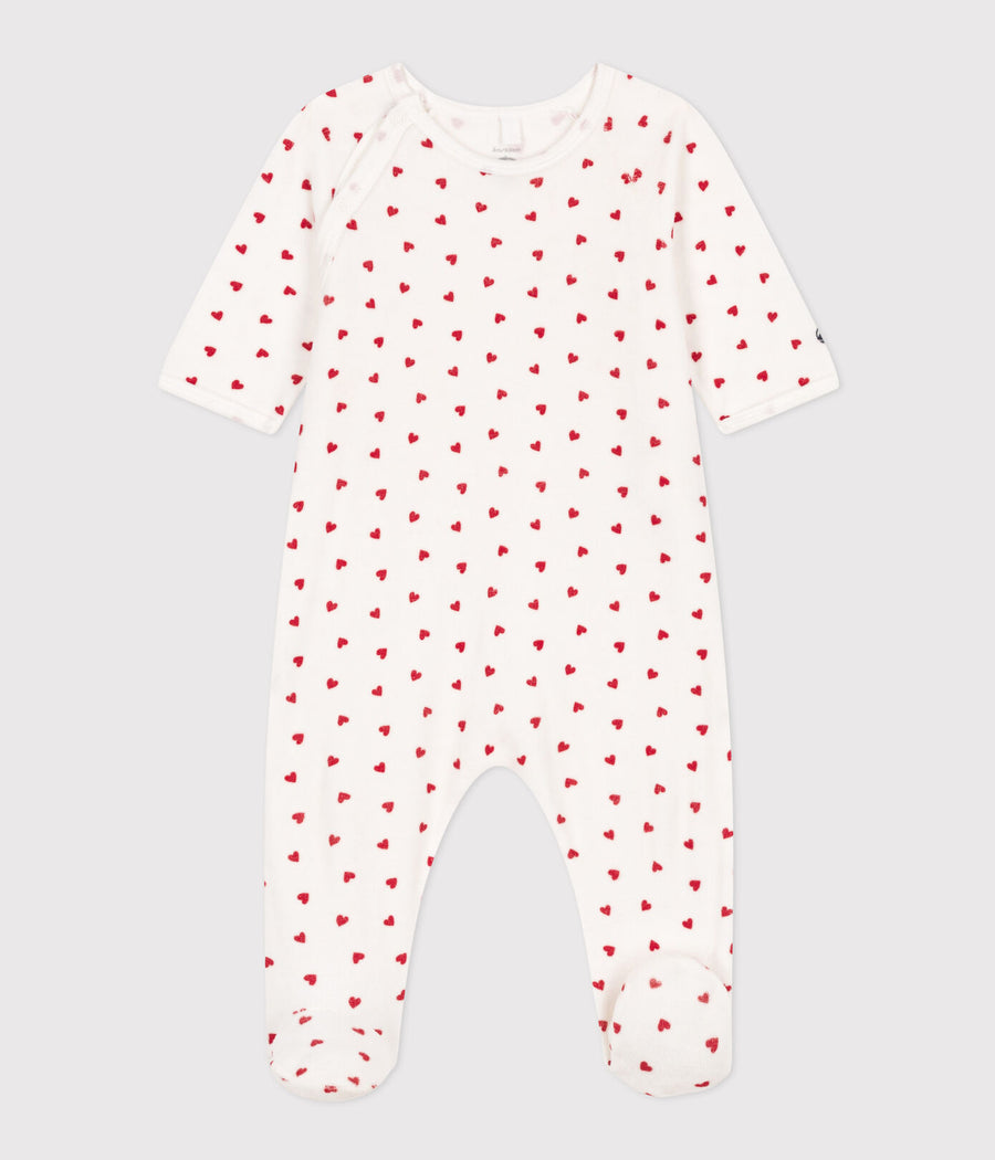 baby girl red velour side snap heart footie