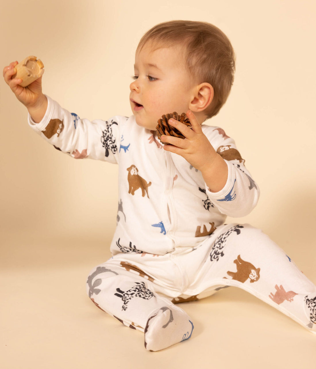 baby boy white front snap animal footie