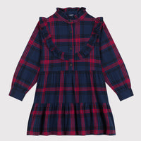 girls navy red ls check ruffle dress