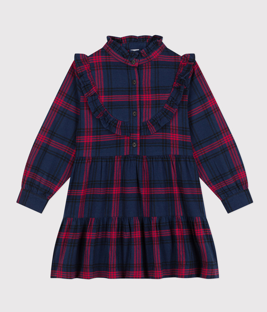 girls navy red ls check ruffle dress