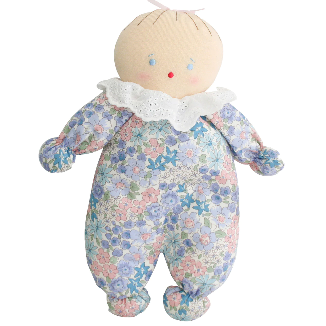 blue floral asleep awake doll
