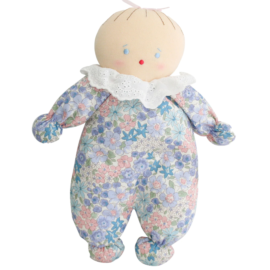 blue floral asleep awake doll