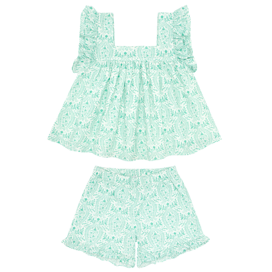 girls paisley ruffle top & short set green