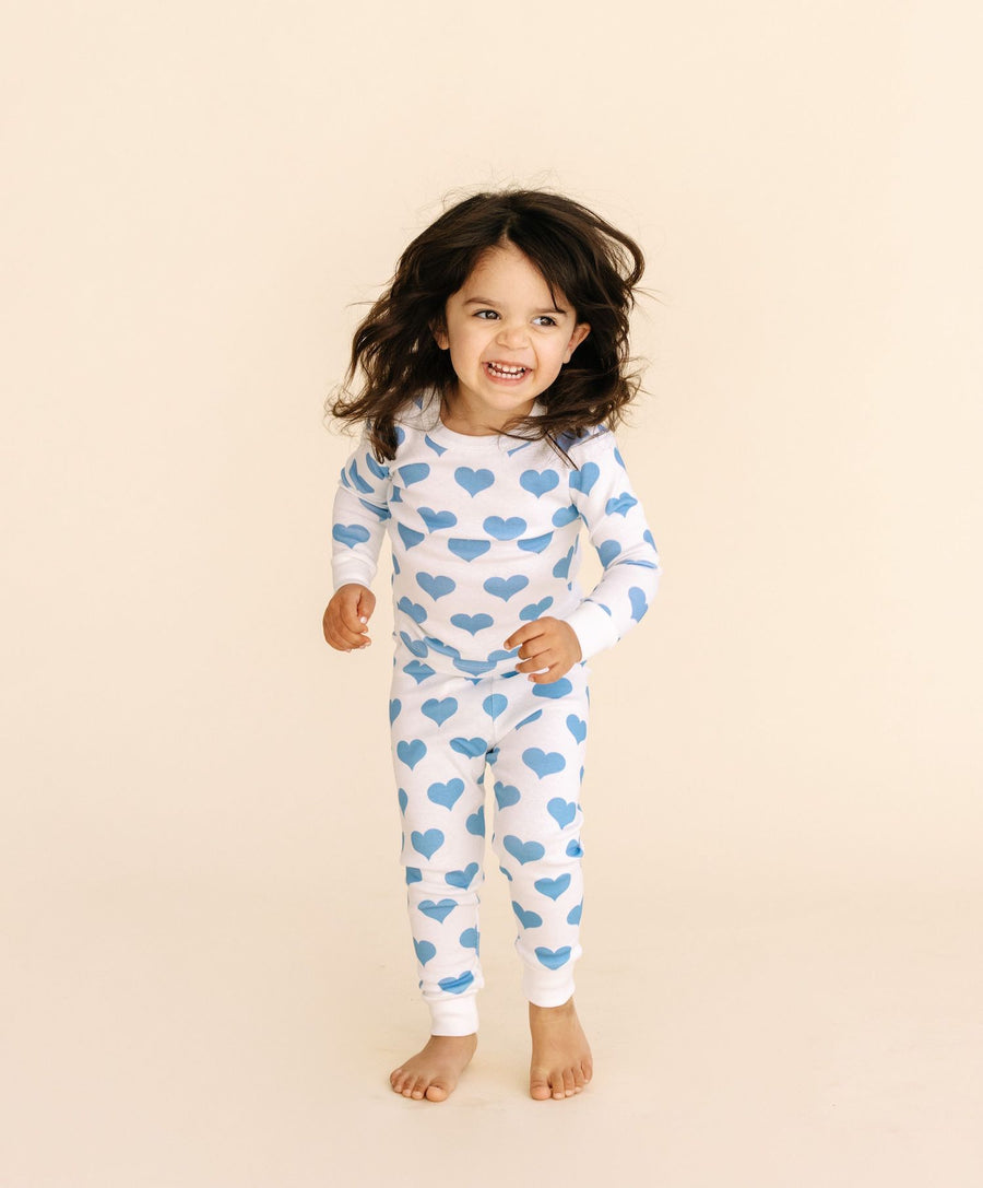 organic long pajama set blue hearts