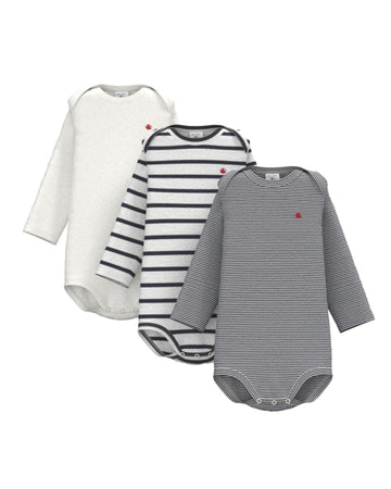 baby 3 pack ls solid & striped bodysuits white black stripe