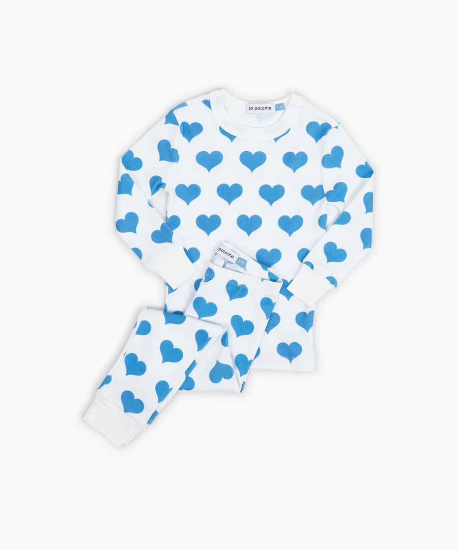 organic long pajama set blue hearts