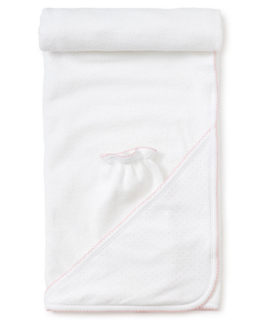 new kissy dots towel with mitt pink and white