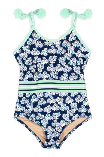 pom pom strap bathing suit navy daisy