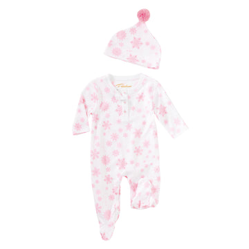 snowflake onesie + hat snowflakes pink