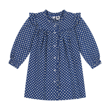 baby quinn ruffle front dress blue cherries