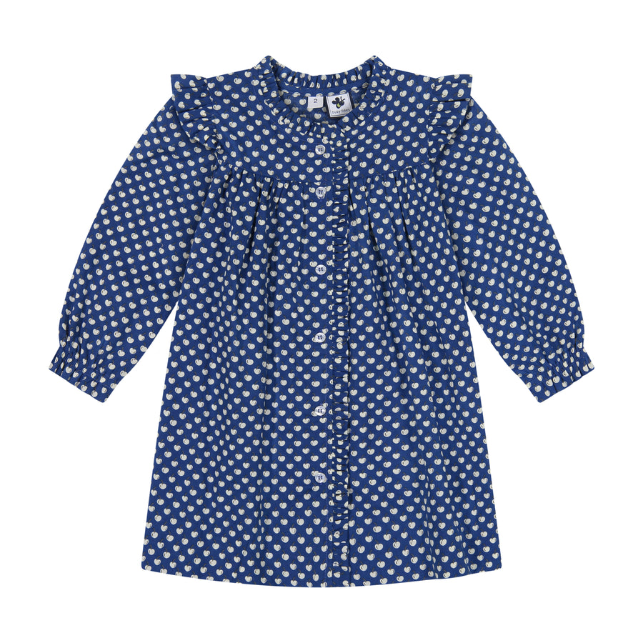 baby quinn ruffle front dress blue cherries